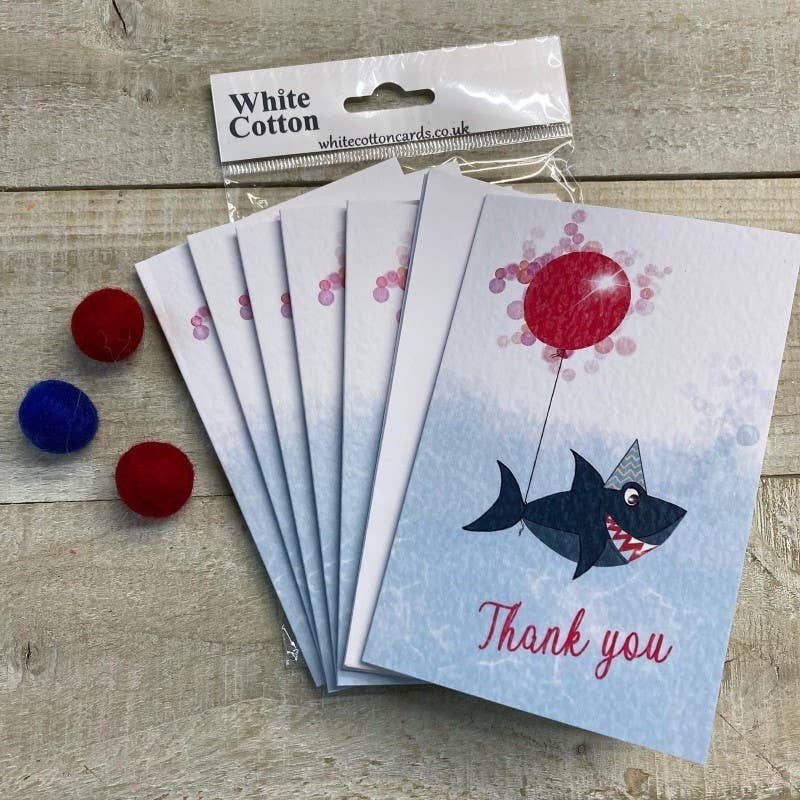 White Cotton Cards – wholesale Stationery/notecard set – Notelets- Thank You Pack of 6 - Shark & Balloon (N95-201)0