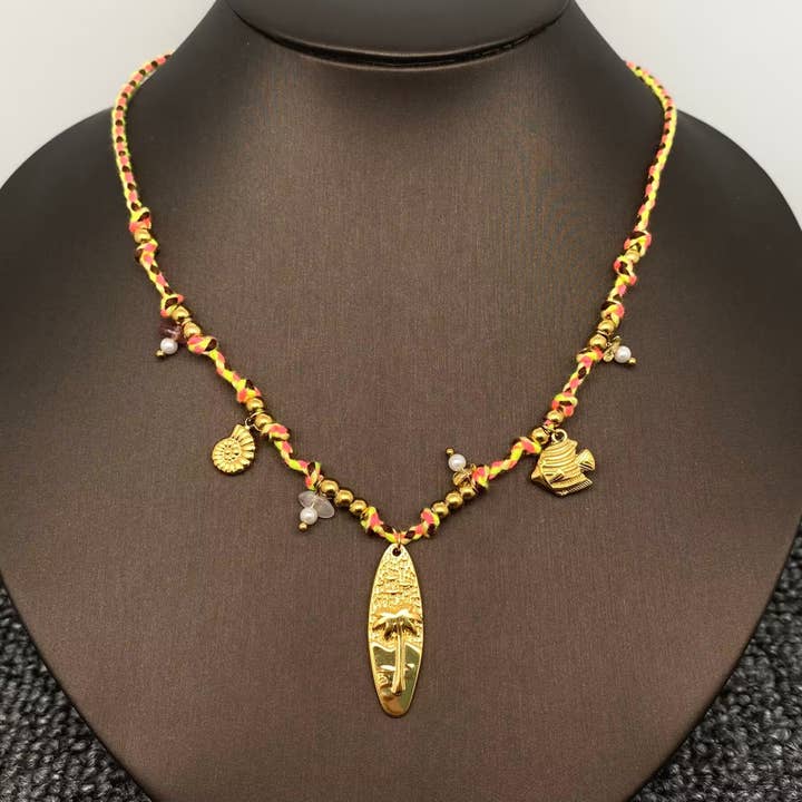 18K Golden SS Palm Tree Charm Colored Rope Necklace - FGS for wholesale by Mio Queena