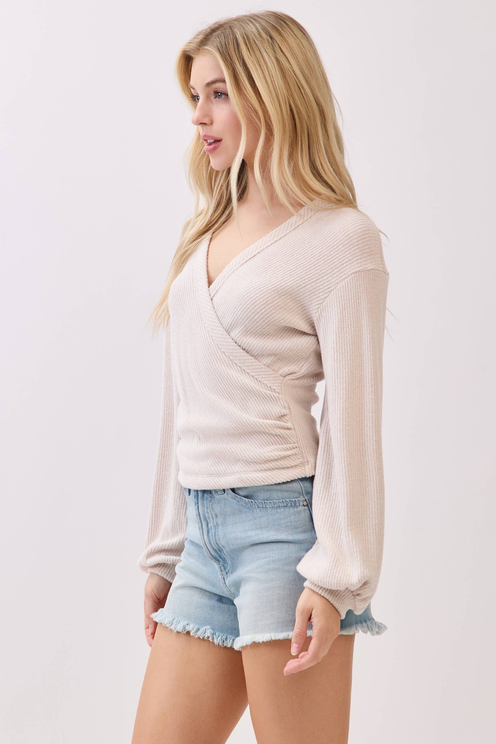 Final Touch - Wholesale Knit Top - Women's - Brush Ribbed Surplice Long Sleeve Top - NT3154114