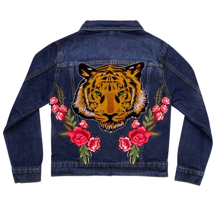 Green Eyed Tiger and Roses Denim Jacket for wholesale by Cat in the Hood