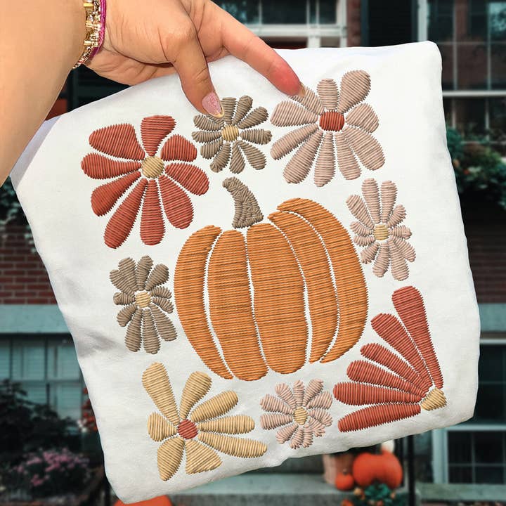 Faux Embroidered Pumpkin & Flowers DTF Heat Transfer for wholesale by Trendy Transfers