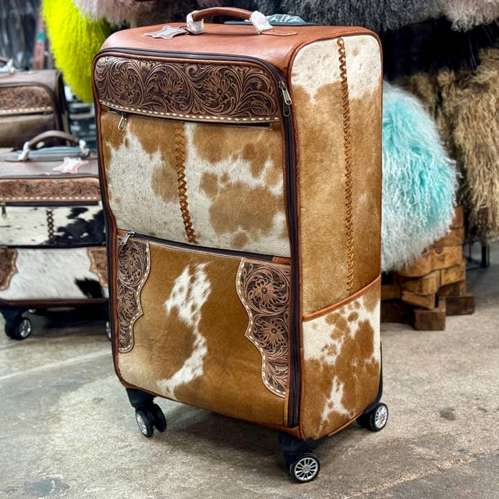 Western Linens - Wholesale Luggage - Tooled Cowhide Rolling Luggage XL
