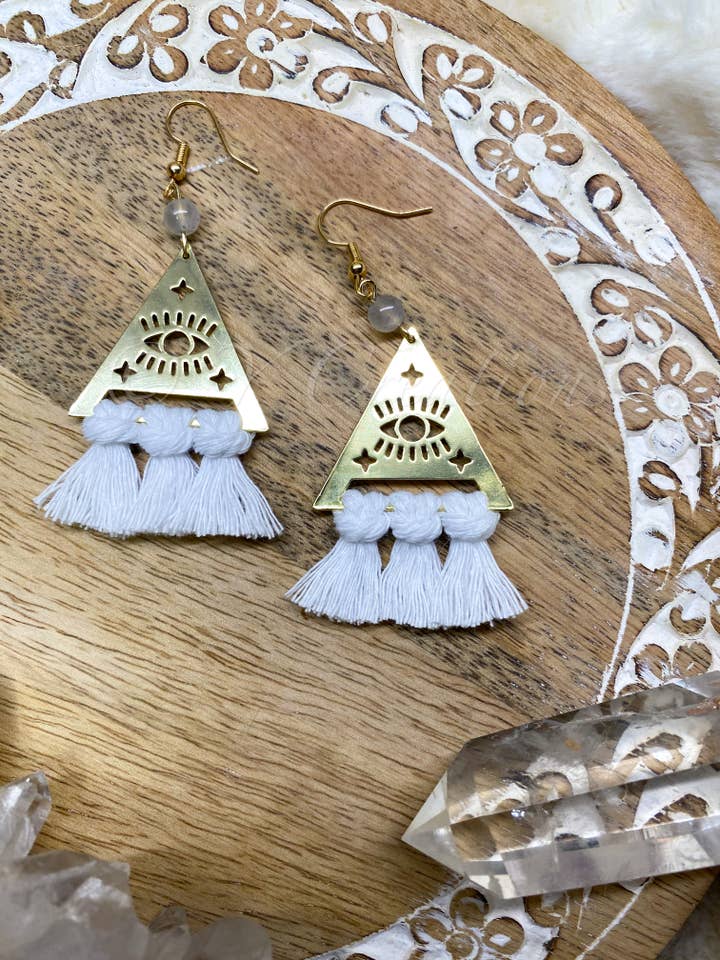 Macrame Earrings / All seeing Eye w/moonstone for wholesale by Y Creations LLC