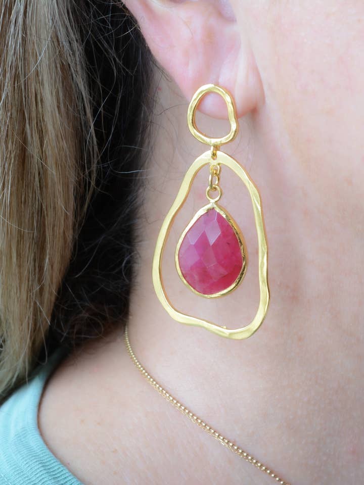 Organic shape dangle earring with Ruby for wholesale by AJS Design Studio