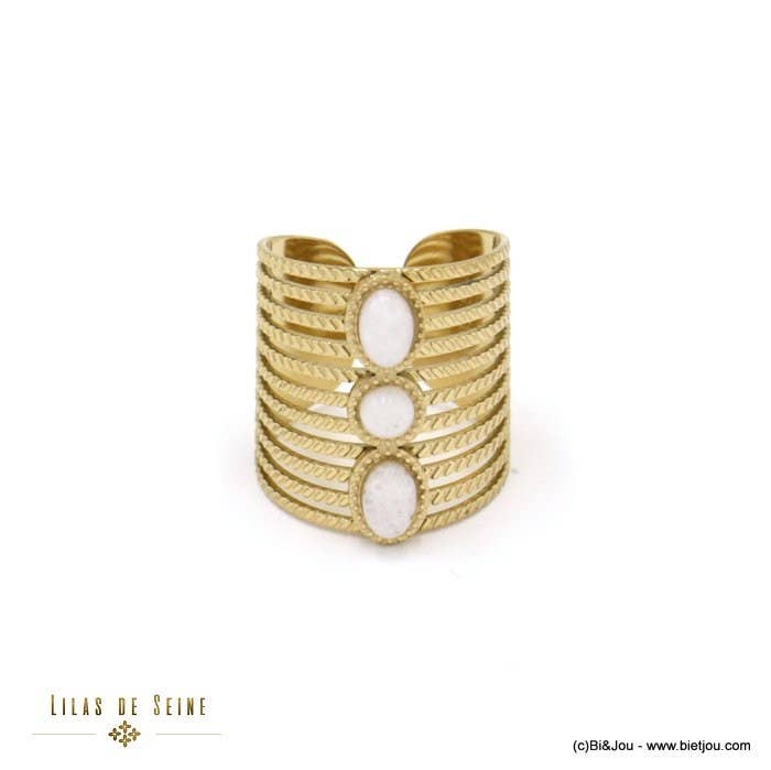 Lilas de Seine – wholesale Cocktail/statement ring – Women's large openwork steel ring with 3 cabochon stone 04220441