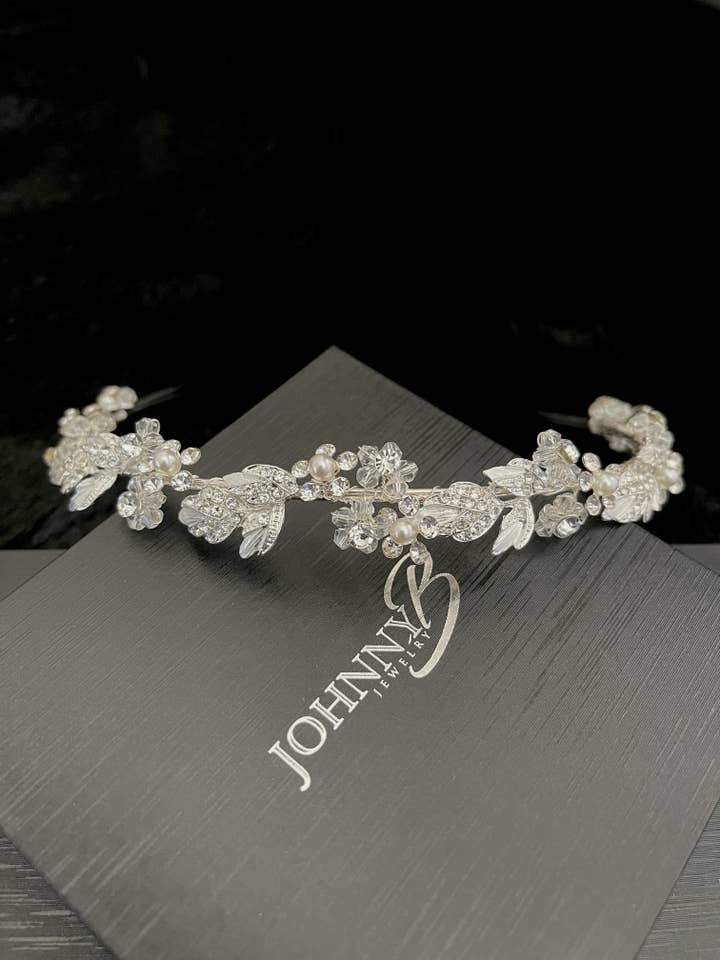 KATHY - Flower Crystal And Leaf With Pearl Tiara for wholesale by JohnnyB Jewelry