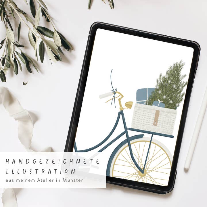 Wildblumen Atelier - Vendita all'ingrosso Biglietti di auguri di Natale - Cartolina di buon Natale in bicicletta con regali, FSC