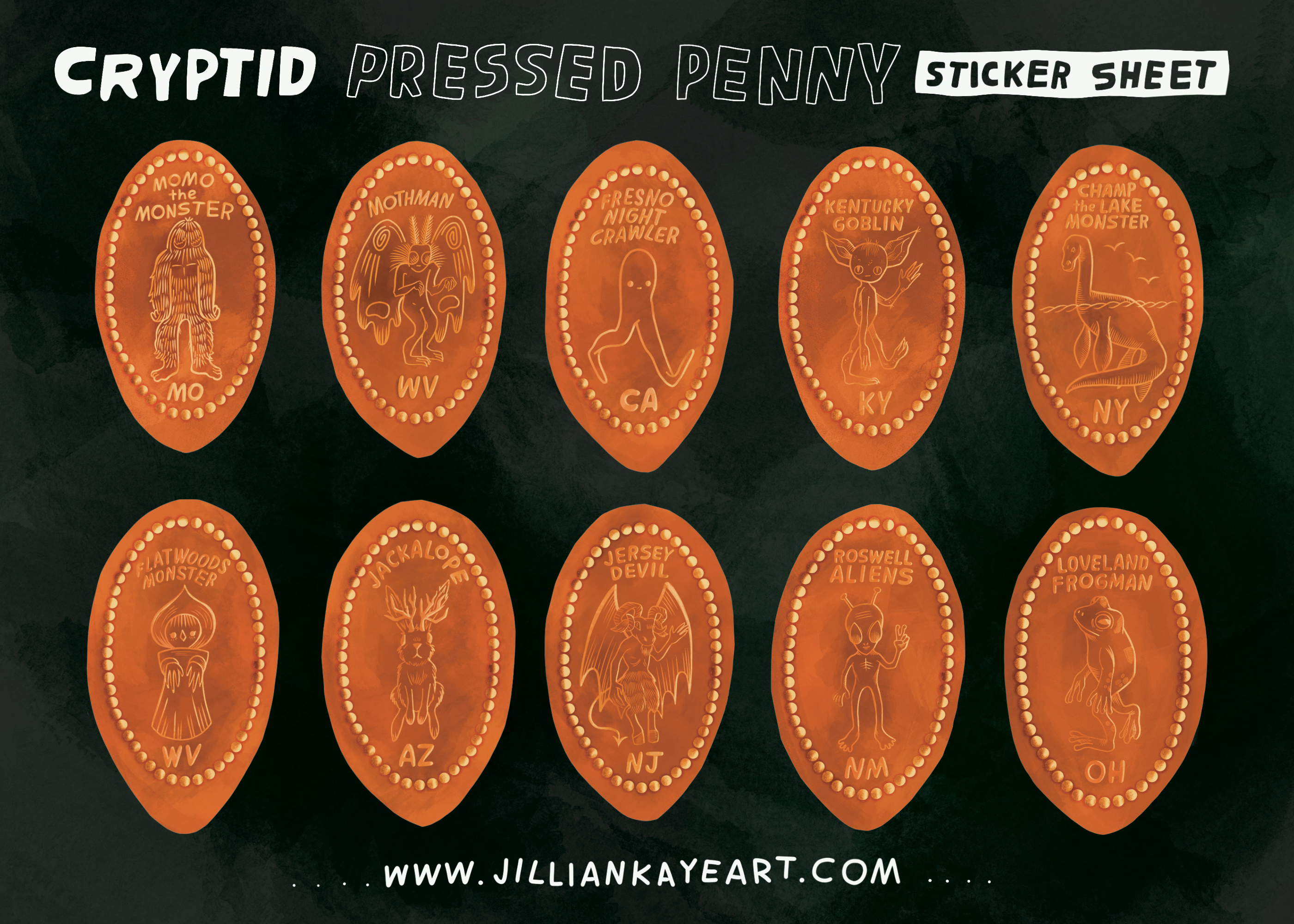 Jillian Kaye Art - Wholesale Sticker - Pressed Penny U.S. Cryptids | 5x7 Sticker Sheet2
