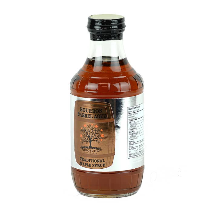 Bourbon Barrel Aged Maple Syrup for wholesale by Droscha Sugarbush LLC