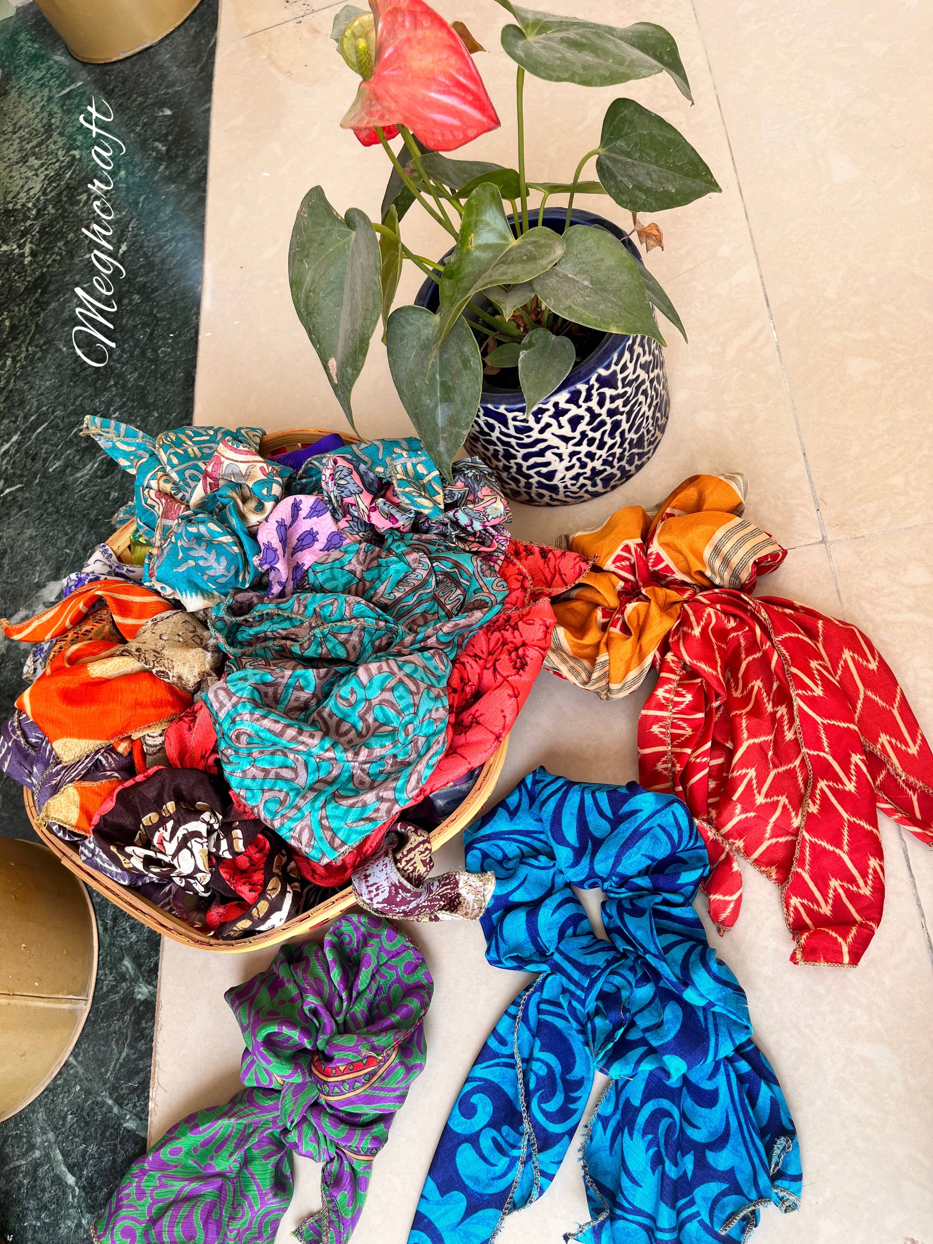 Meghcraft - Wholesale Scrunchie - Women's - Silk Scrunchies with Ribbon, Indian Vintage Recycled Sari3