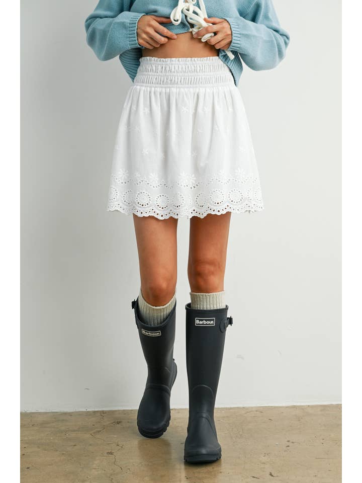 WHITE Eyelet Ruffle Smocked Skirt - BMS7764 for wholesale on Faire