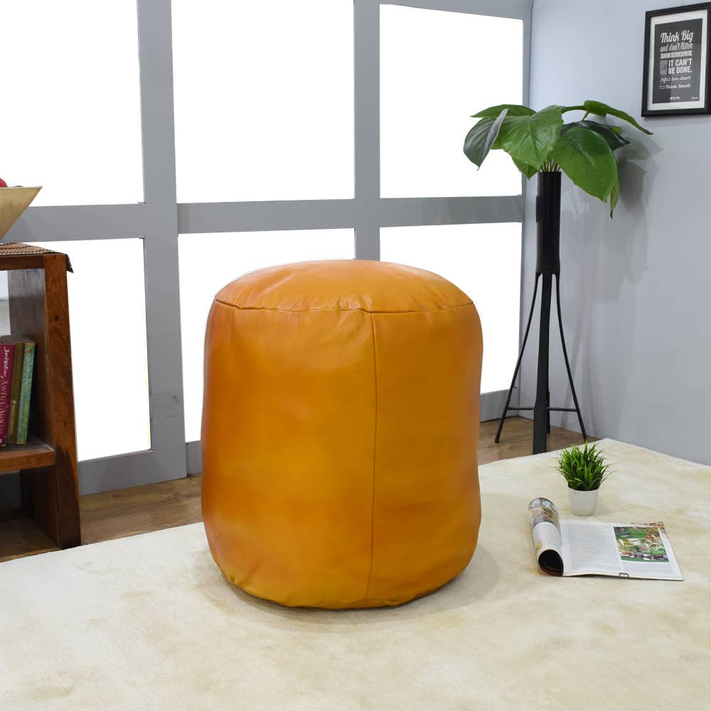BBH Homes LLC - Wholesale Pouf - Solid Handmade Leather Round Pouf Mustard Color BBH Homes10