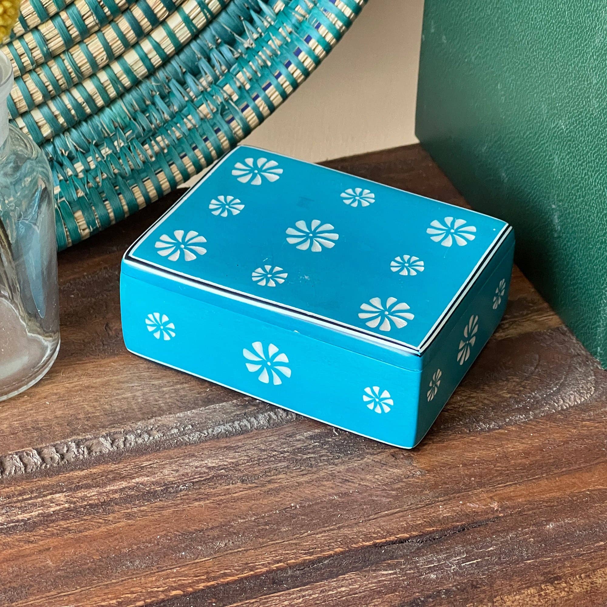 Global Crafts - Wholesale Decorative Box - Soapstone Carved Box, Turquoise Tribal Etching5