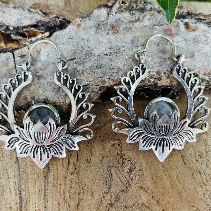 Kaali Boutique - Wholesale Hoop Earrings - Silver Lotus Flower Moonstone Earrings rustic, yoga, hippie, gypsy, pretty, psy, boho, bohemian, festival9