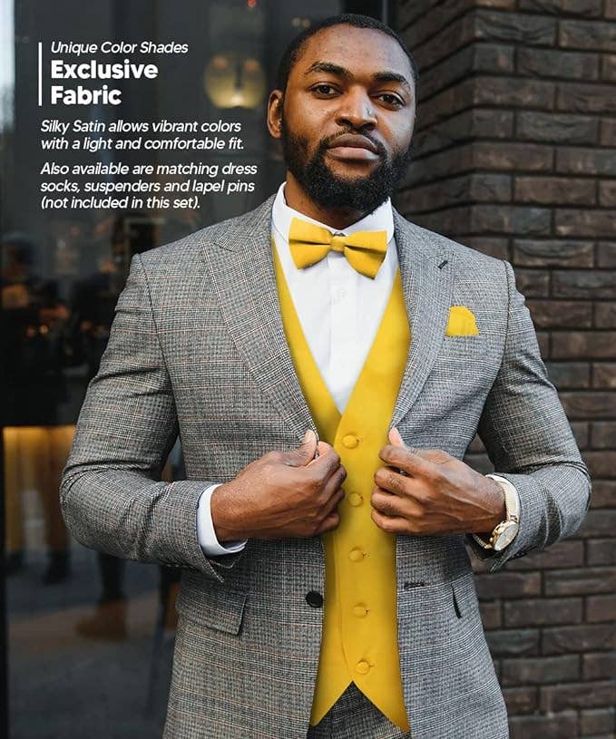 Dubal Brothers - Wholesale Suit Vest - Men's - Vittorio Farina Solid Satin Vest Set (White Back) Var. 02 (Mustard-Yellow)45