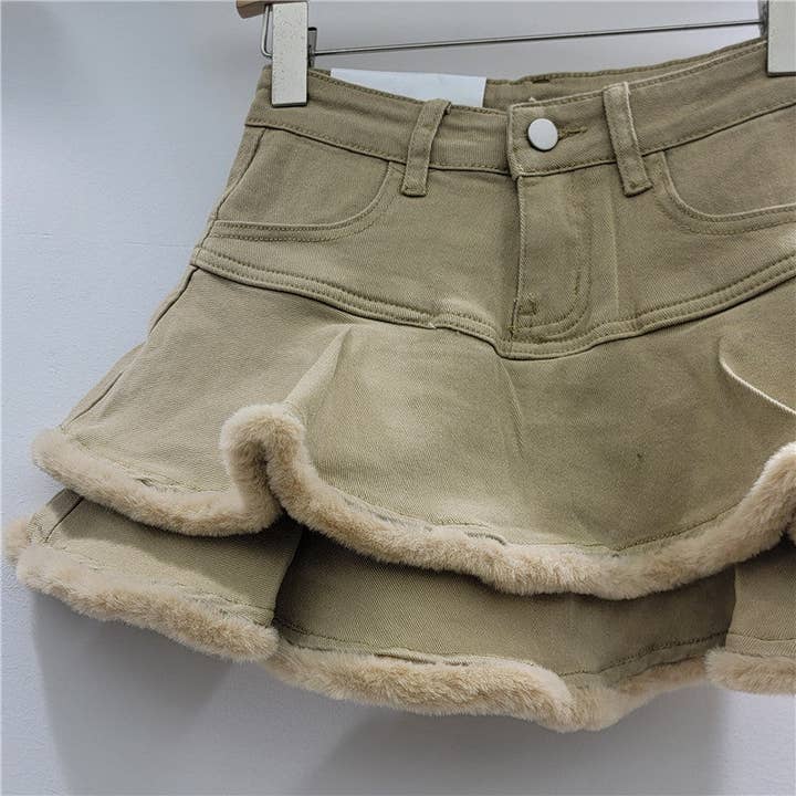 Sanyao Fashion - Wholesale Skirt – Women’s - 1M260 Retro Fur-Trimmed Denim Layered Skirt for Autumn6