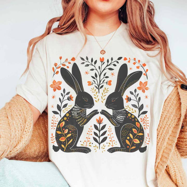 Rabbit Hygge Shirt | Bunny Cottage Core Folk Art Graphic Tee for wholesale by Sisterly Gifts Shop