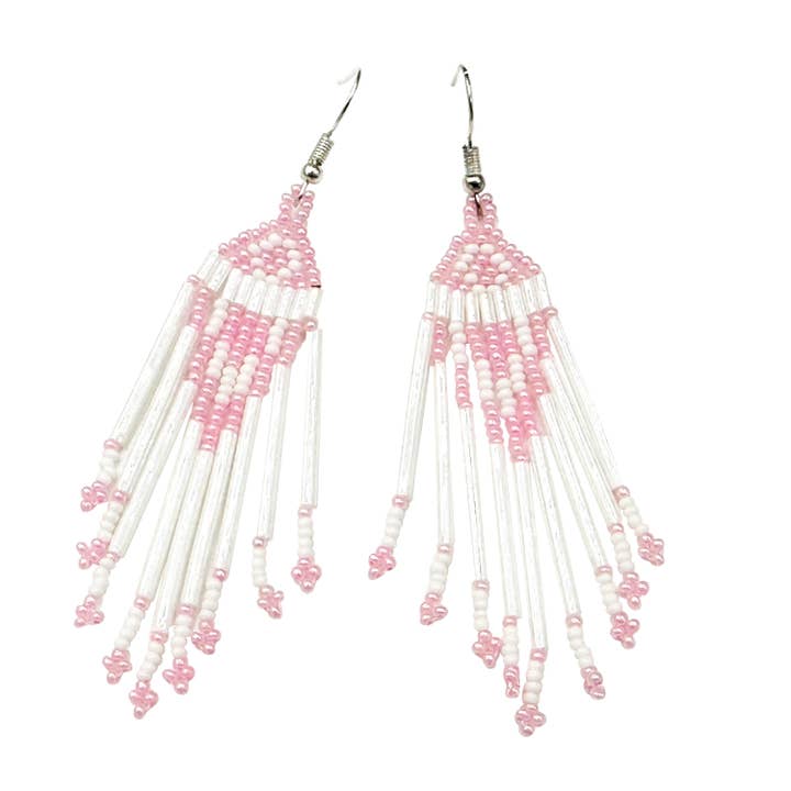 BEADS CORNER - Wholesale Dangle Earrings - Handmade Beaded Light Pink White Bugle Seed Bead Earrings
