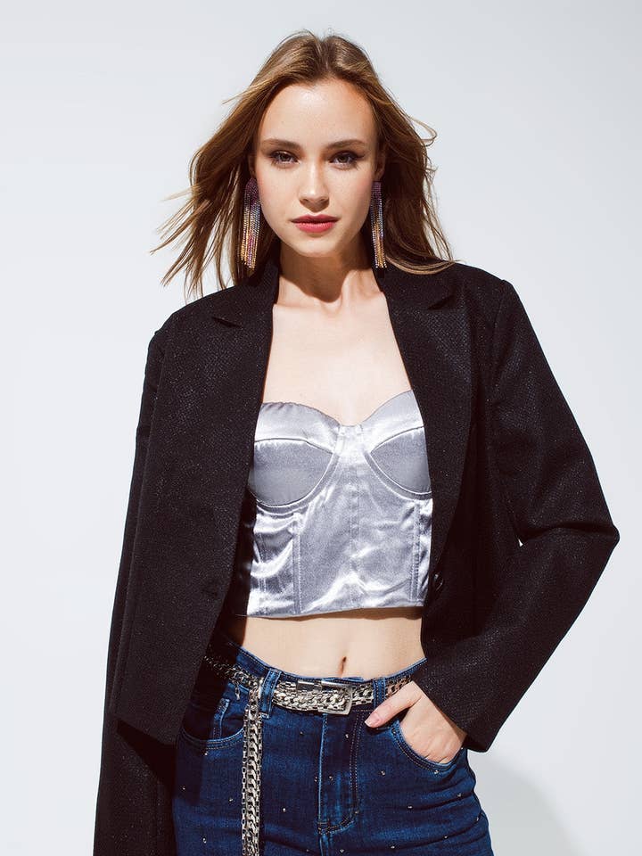 Blazer oversize corto con motivo vichy e dettagli metallici per la vendita all'ingrosso da parte di Q2—All Orders:Free Duties for the US,UK,and Canada