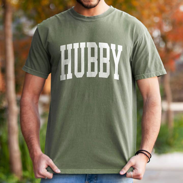 Hubby Garment Dyed T-Shirt, Honeymoon Wedding Husband Shirt for wholesale by Peculiar People Designs