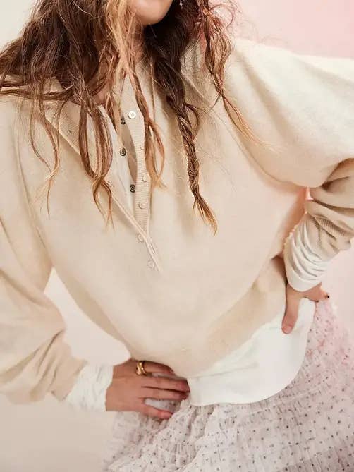 Soft Knit Balloon Sleeve Henley Pullover Sweater for wholesale by Suhkasana