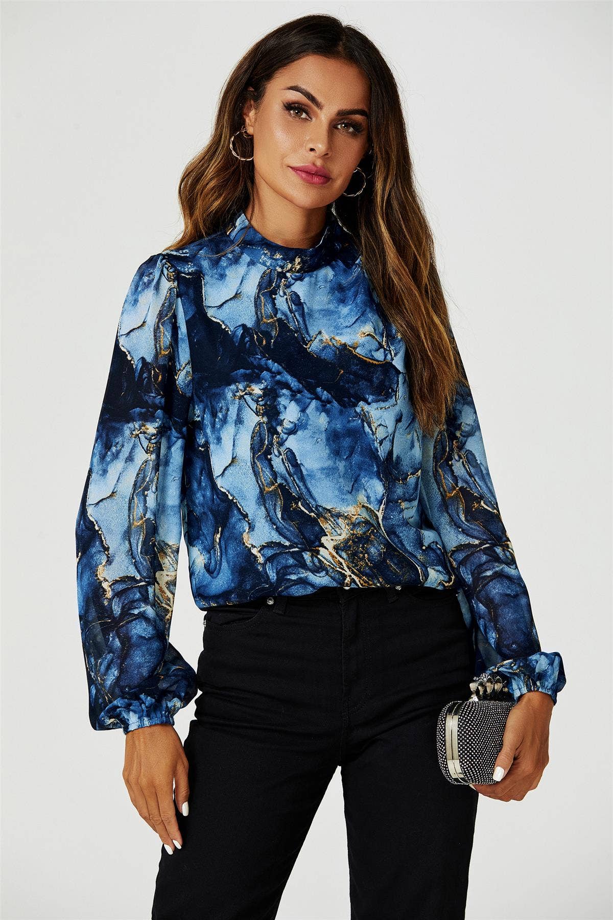 Marble Print Long Sleeve High Neck Top In Navy for wholesale on Faire2