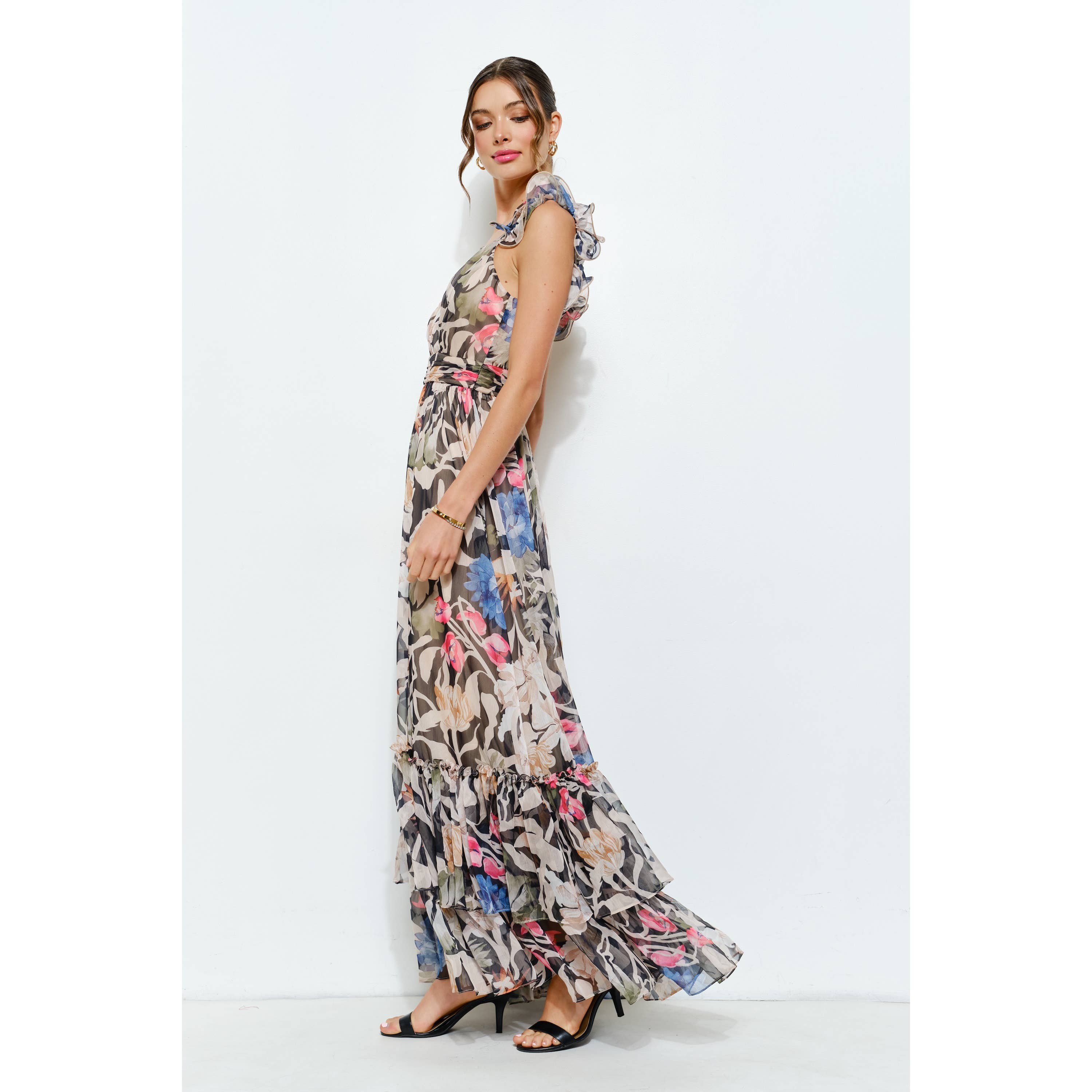 INA - Vendita all'ingrosso Vestito - Donna - Abito lungo a balze in chiffon floreale con spalle arricciate13