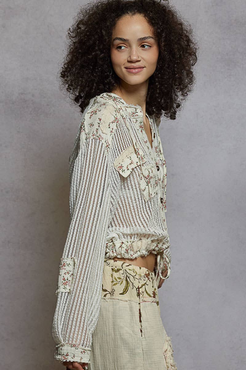 Pol Clothing - Wholesale Jacket - Women's - Vintage washed floral print patch crochet jacket SALE7