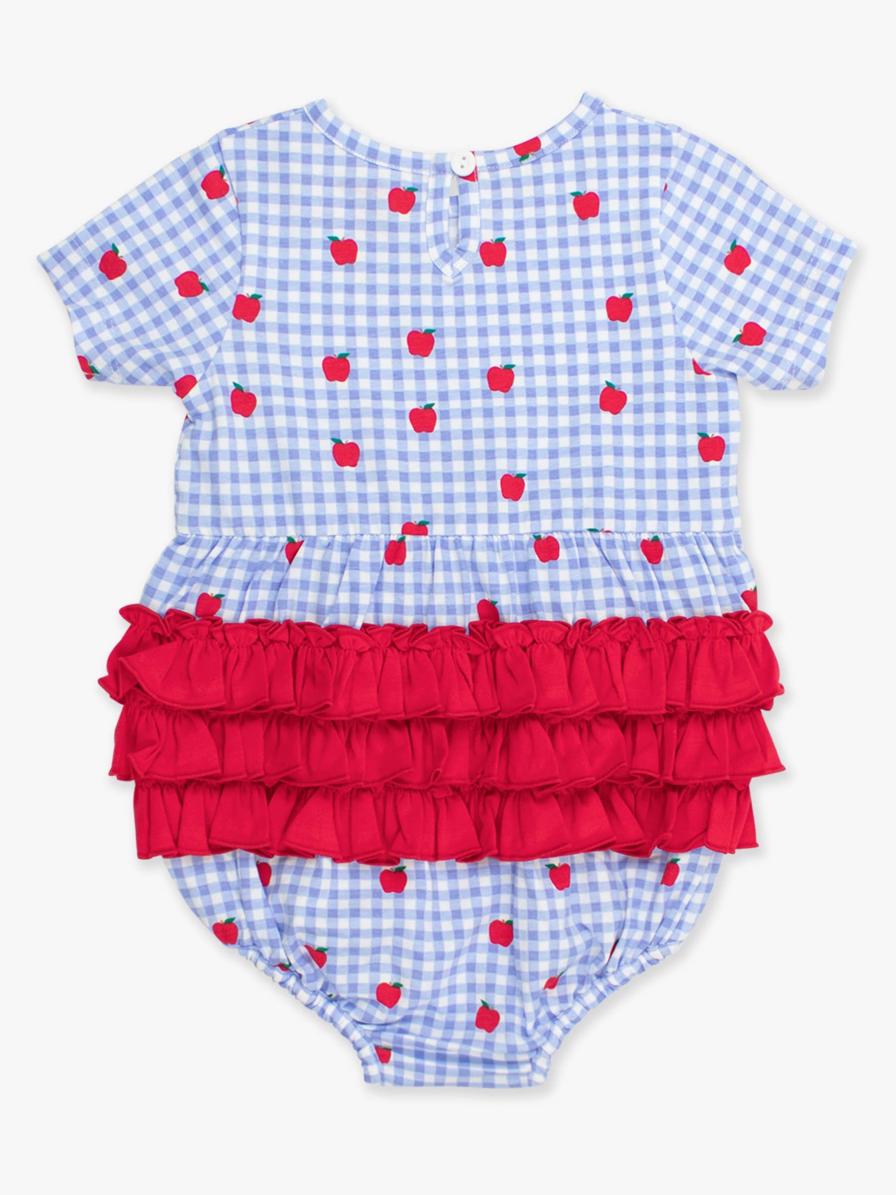 Blue Baby Girls Apple Orchard Gingham Knit Short Sleeve Bow Bubble Romper for wholesale on Faire7