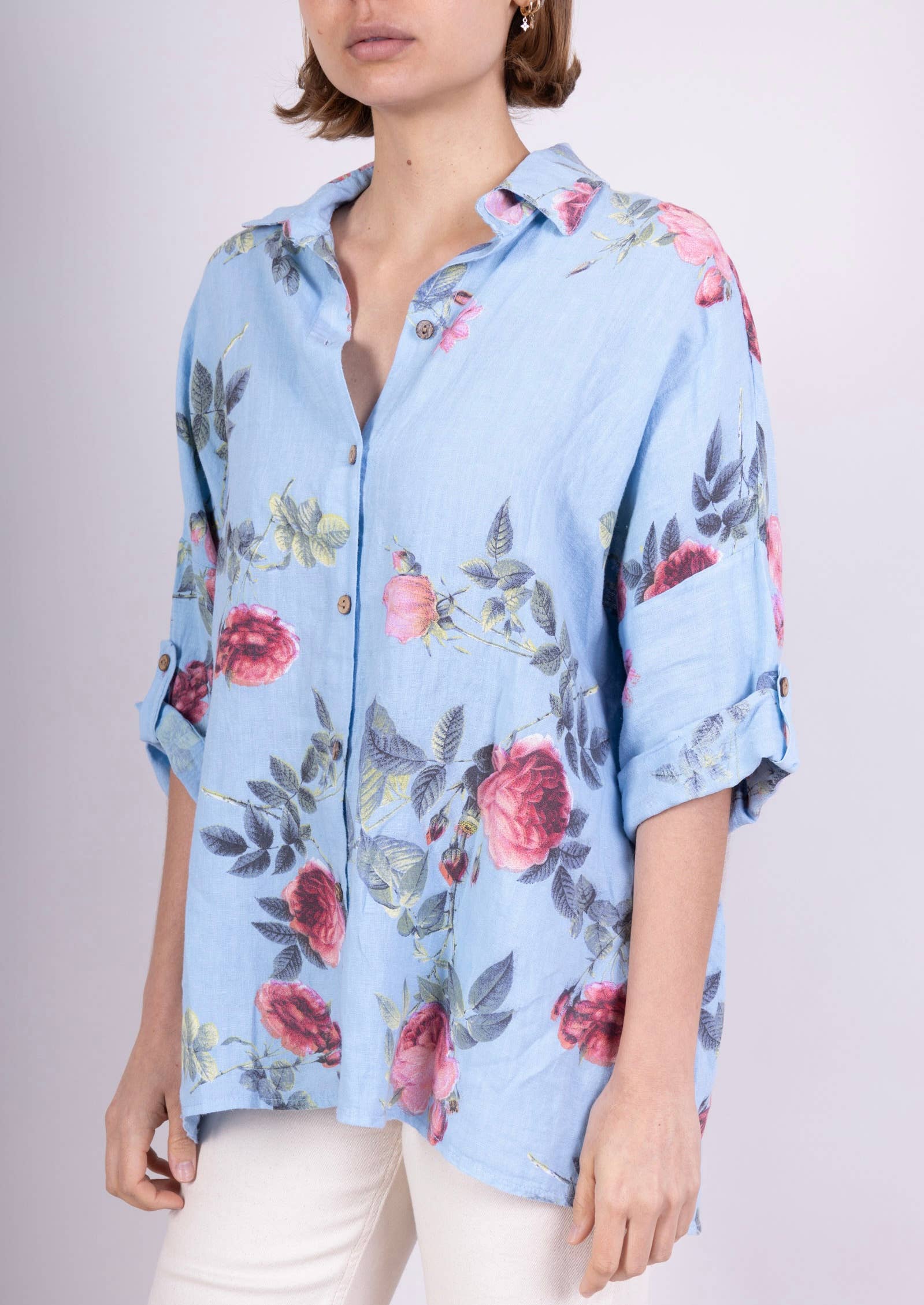 LINEN & COTTON HOUSE – Engroshandel Skjorte med buttondown – til kvinder – Tunika i 100% hør med blomsterprint 523517