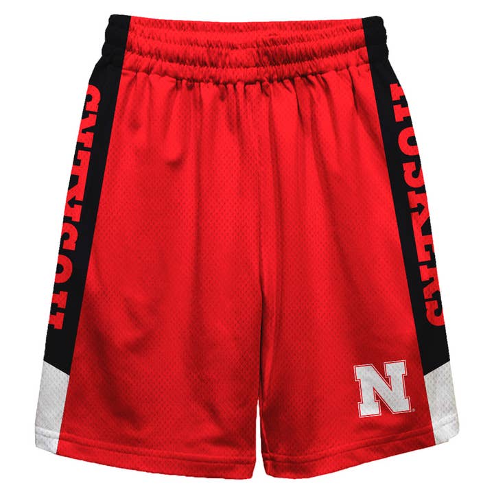 Nebraska Huskers Red Stripes Solid Black Athletic Mesh Short for wholesale by Vive La Fete
