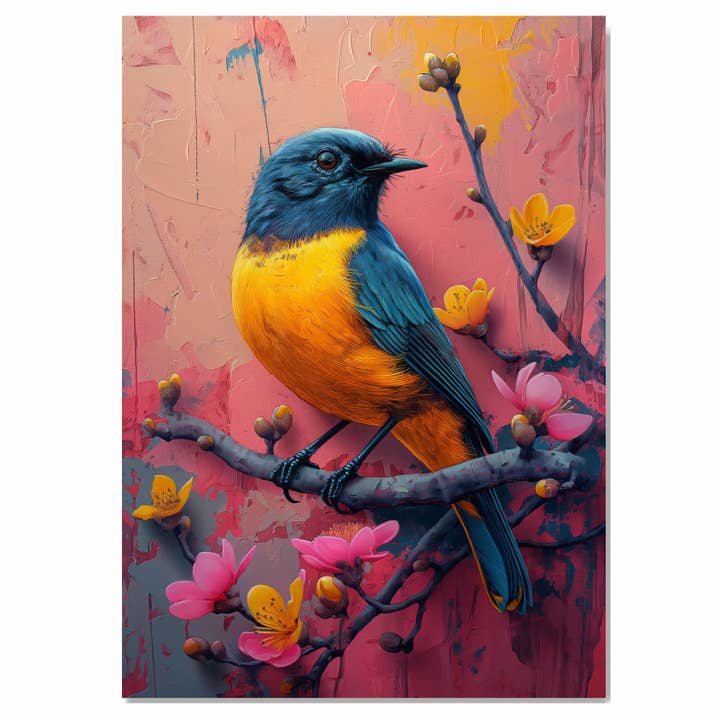 Yellow Blue Songbird with Coral Blossom Accents Canvas for wholesale by Art Paradise Studios
