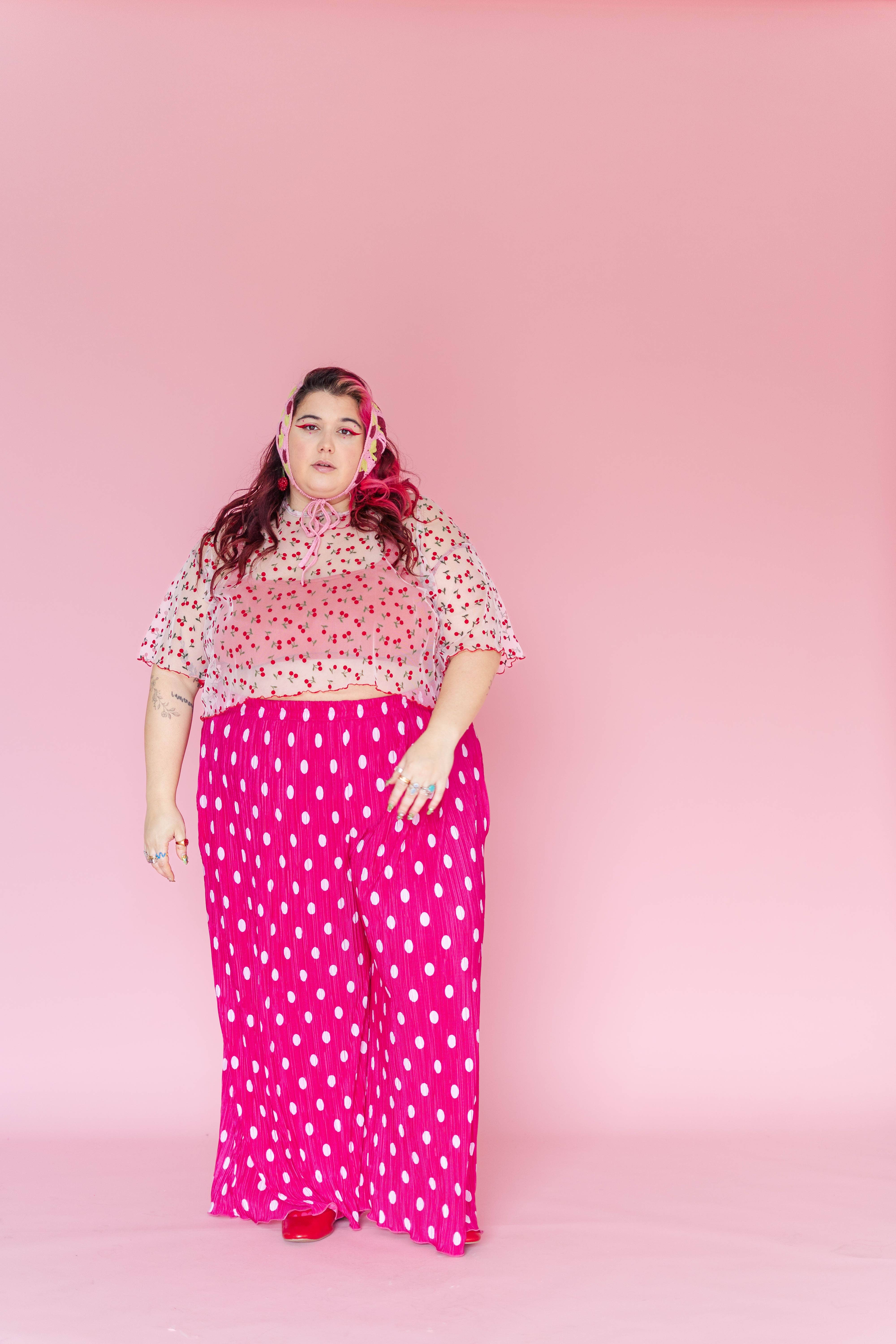 Nettle Studios - Wholesale Pants - Women's - Size Inclusive Hot Pink & White Polka Dot Pleated Flare Pant28