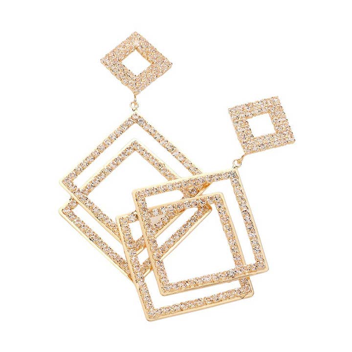 Geometric Rhinestone Triple Open Square Link Dangle Earrings for wholesale by Pearl and Rox