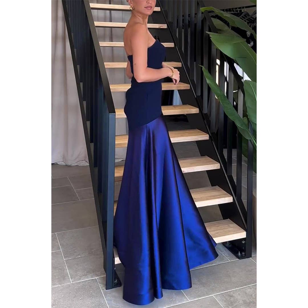 UNISHE – Vestido - Mulher por atacado – Vestido Justo Sem Alças de Cetim Sem Mangas com Blocos de Cor JRM1288