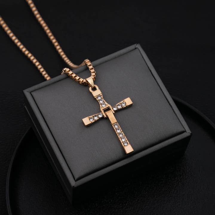 Hip Hop Rhinestone Cross Pendant Gold Necklace Cute Jewelry for wholesale by Gemscape UK