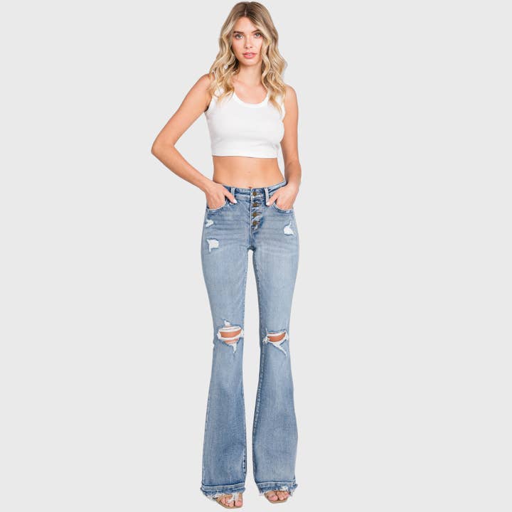 Petra153 - Wholesale Jeans - Women's - P586MF-MD MID RISE STRETCH FLARE JEANWITH FRAYED TROUSER HEM