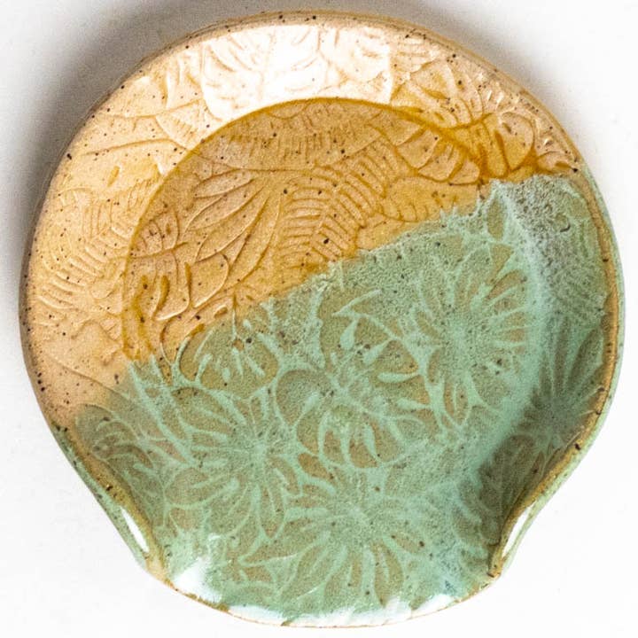 Tropical Leaf Pattern Green Ceramic Spoon Rest Handmade USA for wholesale by White Squirrel Clayworks