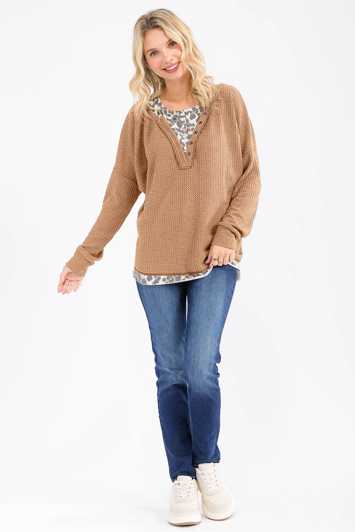 7th Ray - Wholesale Knit Top - Women's - Leopard Print Double layered Henley Top T607813