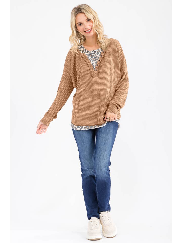 7th Ray - Wholesale Knit Top - Women's - Leopard Print Double layered Henley Top T607813