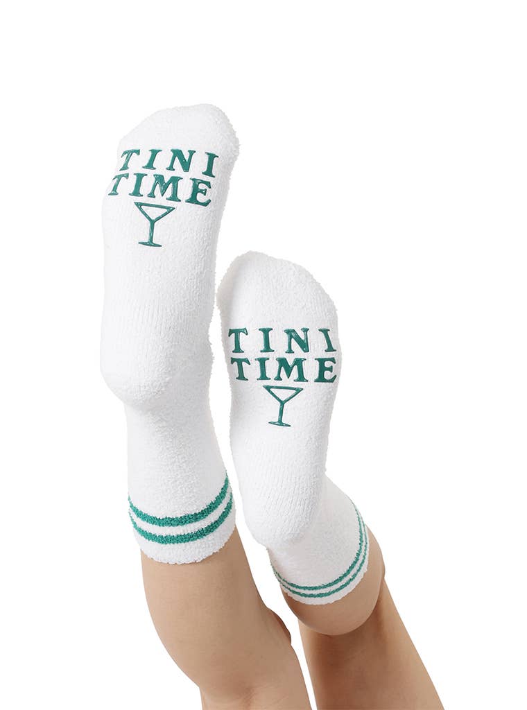 Living Royal - Wholesale Socks - Unisex - Fuzzy Crew Socks w/ Bottom Grip Phrase - "Tini Time" - White