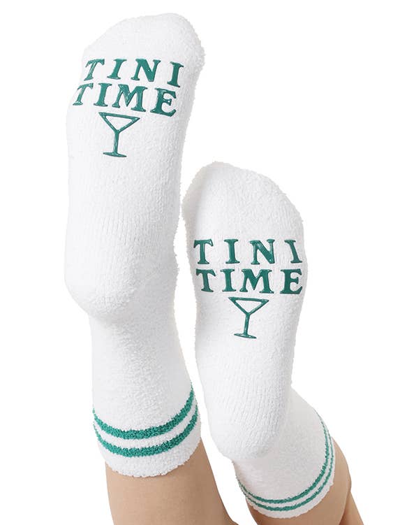 Living Royal - Wholesale Socks - Unisex - Fuzzy Crew Socks w/ Bottom Grip Phrase - "Tini Time" - White0