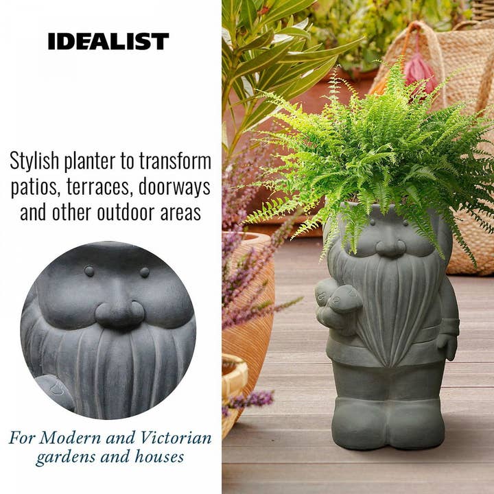 Grey IDEALIST Gnome with Mushrooms Oval Outdoor Plant Pot for wholesale on Faire3