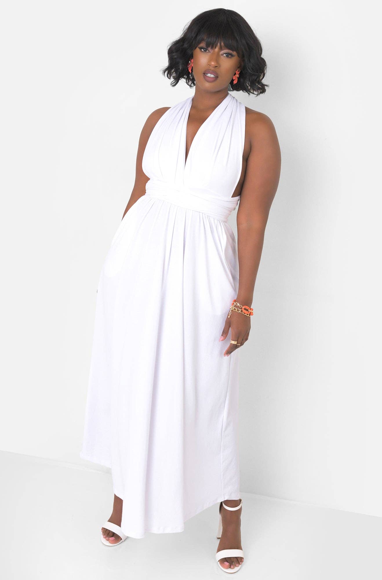 White Dreamy Sleeveless V Neck Multiway Skater Maxi Dress W. Pockets for wholesale on Faire3