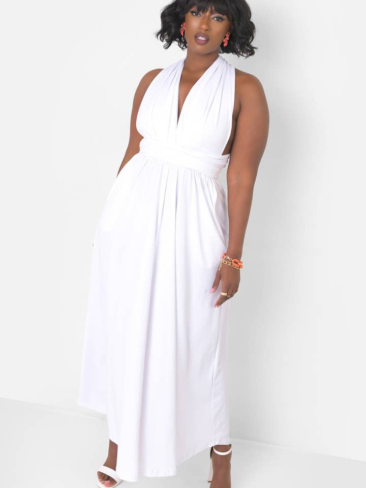 White Dreamy Sleeveless V Neck Multiway Skater Maxi Dress W. Pockets for wholesale on Faire3