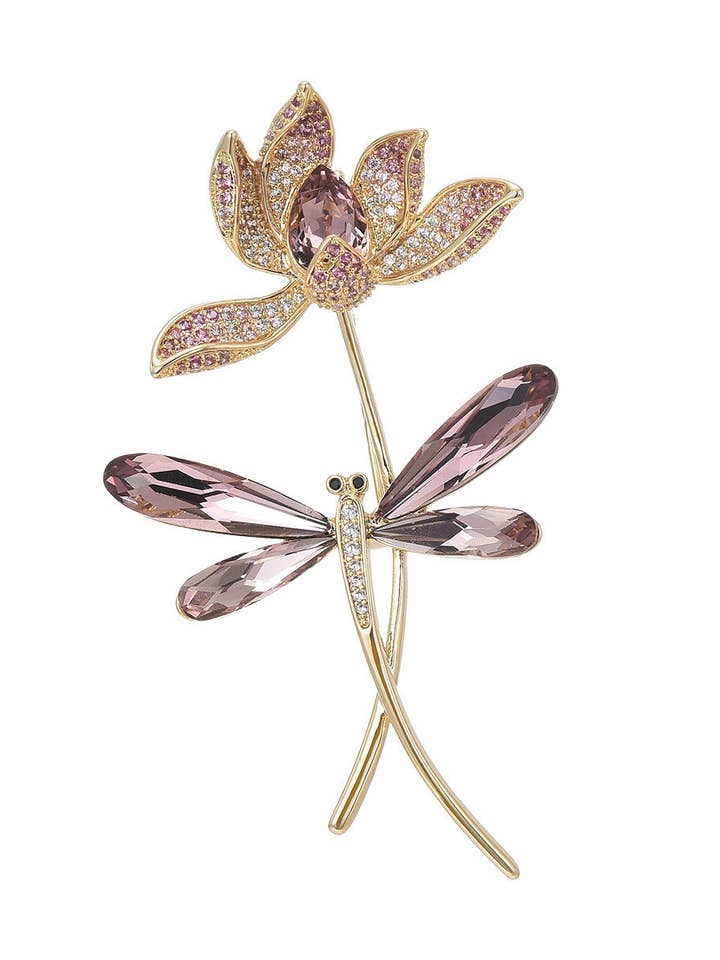 Dragonflies And Lotus Flowers Rhinestone Alloy Brooch PA5683 for wholesale by Ole