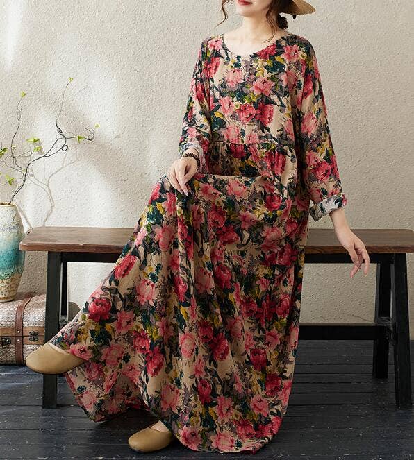 Whisper Mint - Venta al por mayor Vestido - Mujer - Vestido evasé escalonado con estampado floral de manga larga y corte holgado1