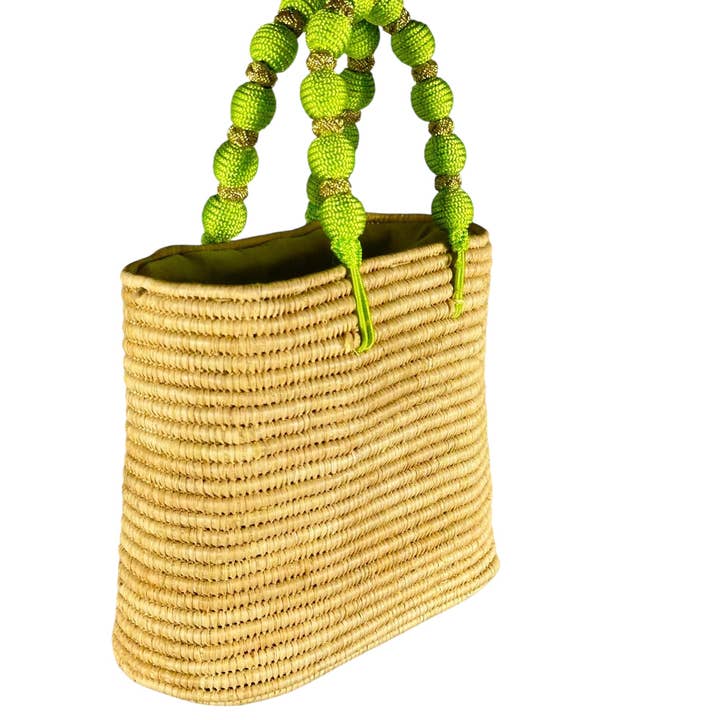 MIRAMAR Store - Wholesale Beach Bag - Handcrafted Raffia Bag with Green Beaded Handle