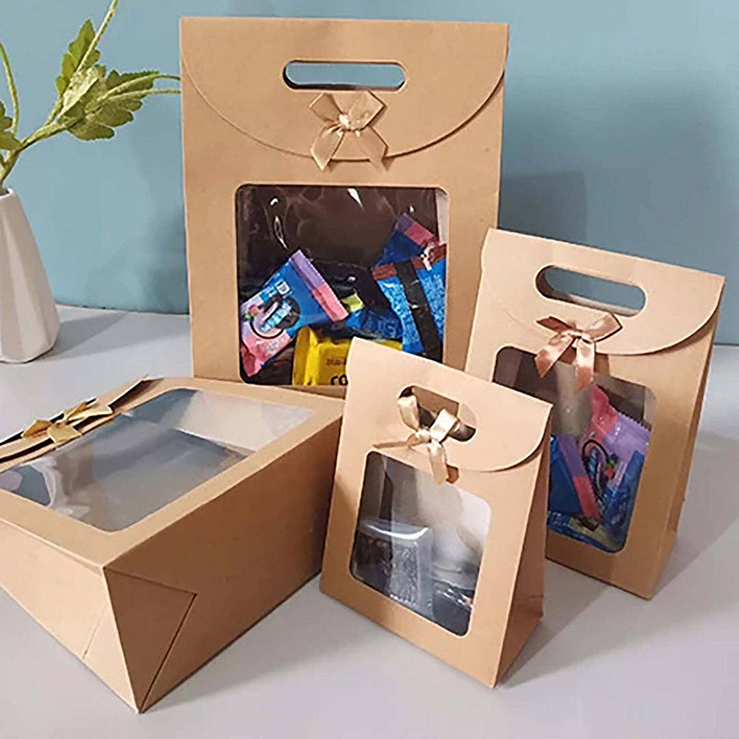 Emartbuy - Wholesale Cadeautasje - Bruine kraftzak met doorzichtig venster en strik - pak van 124