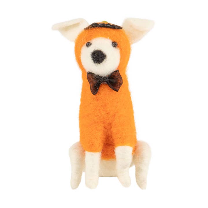 A12843: White felt dog in pumpkin costume table piece,4in for wholesale by Silver Tree Home & Holiday